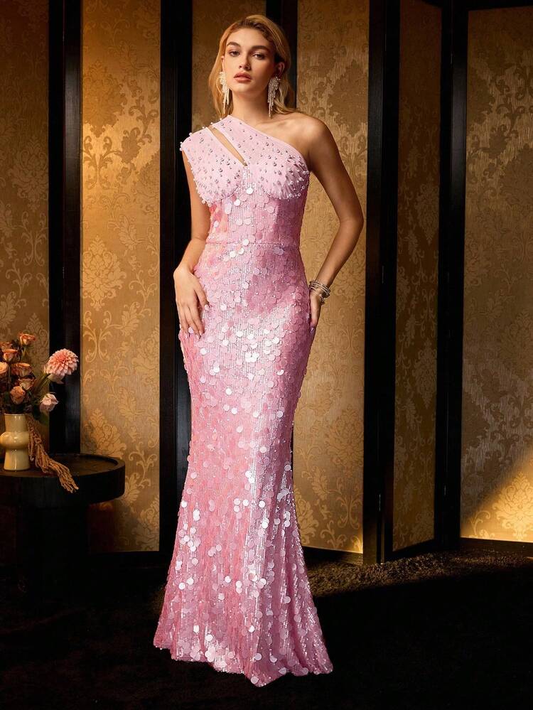 MOTF Soiréza ASYMMETRICAL NECK CONTRAST SEQUIN FAUX PEARL EVENING DRESS