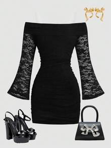 SHEIN Tween Girl Fitted Elegant Off Shoulder Lace Long Sleeve Snug Fit Dress Fall Winter - Black - View 7