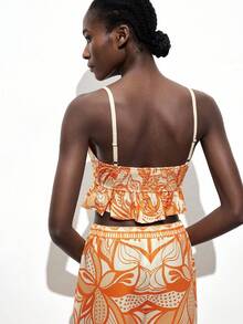 Maija 女士V领可调节肩带印花荷叶边下摆弹力后背吊带背心，适合度假和海滩穿着 - 橘色 - 查看 5