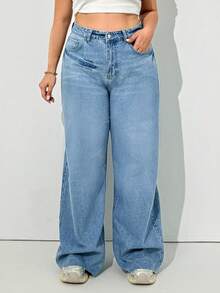 RueChic Plus, Wash Detailed Frayed Hem Wideleg Jean - Medium Wash - View 3