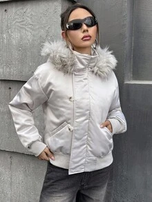 SHEIN ICON Áo khoác lông cừu chắp vá bằng vải satin phong cách cổ điển dành cho nữ, Thu/Đông - Màu Xám nhạt - Xem 6