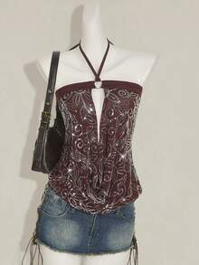 SHEIN ICON 女式亮片垂坠领上衣，复古 Y2K 风格性感透视网眼露背亮片衬衫，修身版型 - 棕色 - 查看 1