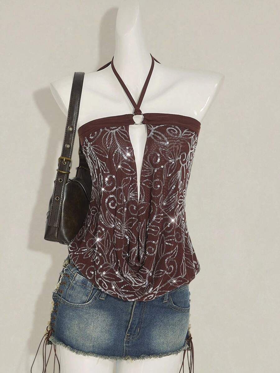 SHEIN ICON 女式亮片垂坠领上衣，复古 Y2K 风格性感透视网眼露背亮片衬衫，修身版型 - 棕色 - 查看 1