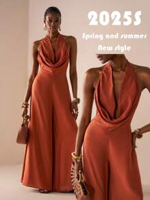 Zivah Mono de mujer con cuello halter, estilo suelto, de pernera ancha, estilo swing, en color rojo ladrillo marrón tejido, estilo celebridad de internet, elegante para vacaciones, citas diarias, playa, crucero, fiesta, 2025 nuevo estilo