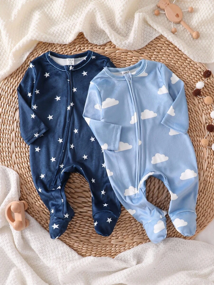 2件套新生儿简约星云图案长袖连体睡衣套装 - 彩色 - 查看 1