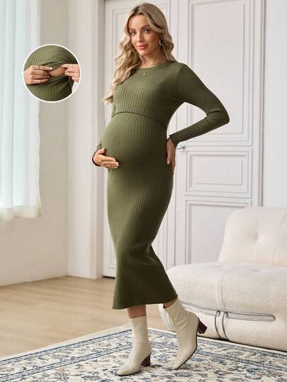 SHEIN Đầm bầu cho con bú màu xanh xám nhạt kín đáo, tay dài ôm dáng dệt kim gân, phong cách thường ngày cho mùa thu đông