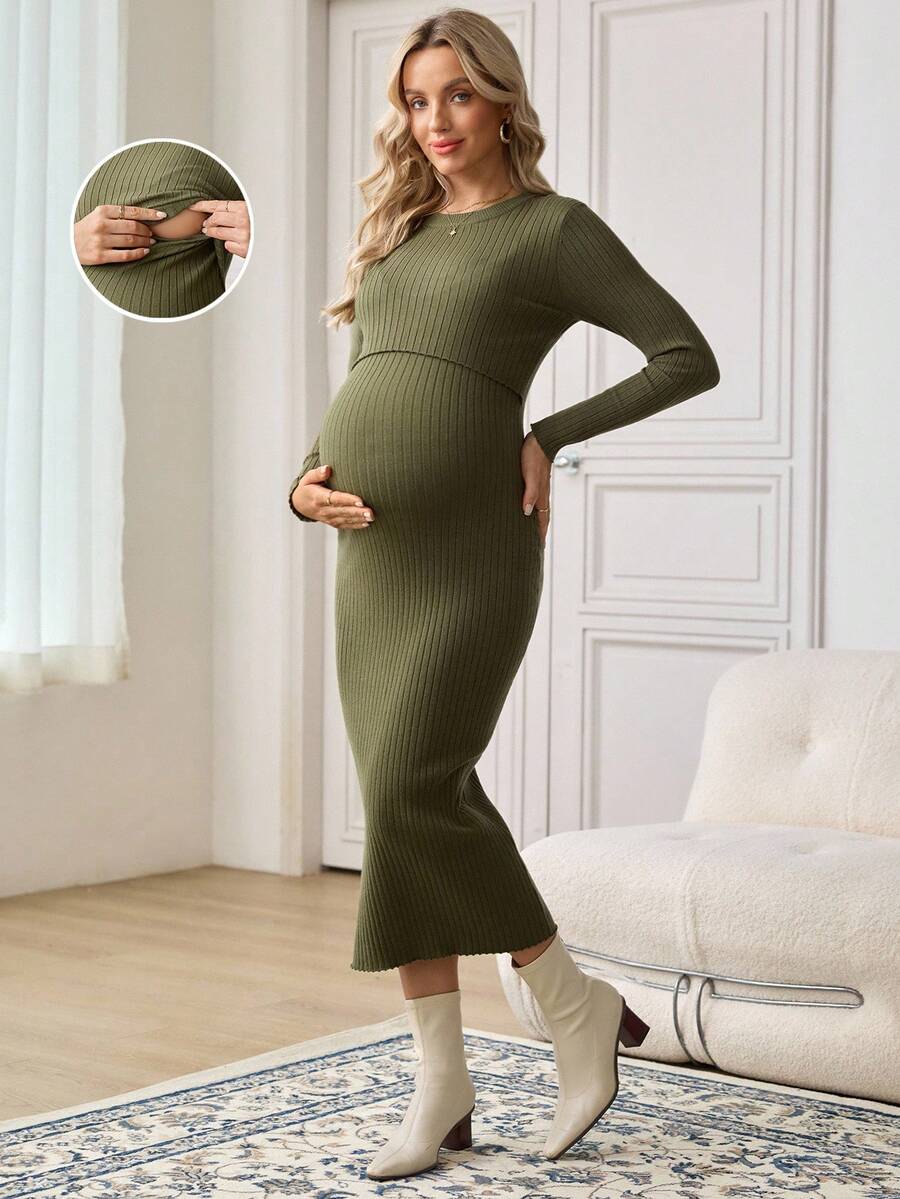SHEIN 保守風鼠尾草綠孕婦哺乳洋裝，長袖修身羅紋針織休閒孕婦洋裝，適合秋冬冬季