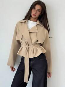 Aloruh Trench coat corto da donna con vita stretta, color cachi, versatile per l'autunno/inverno - Cachi - Visualizzare 1