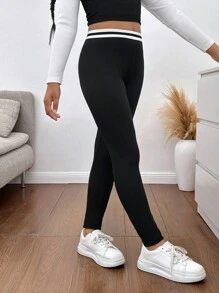 SHEIN Leggings casuales de cintura para niña preadolescente con parches en contraste de color negro y blanco