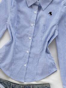 Teen Girls Blue & White Striped Button-Up Embroidered Long Sleeve Blouse, Striped, Preppy, Casual, Back To School/Halloween,Glowmode,Fall,Winter,Autumn