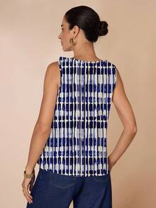 Shutterstock Glamance 女士优雅荷叶边无袖宽松衬衫，春夏蓝白上衣无袖荷叶边上衣女士夏季上衣飘逸上衣 - 藍色 - 查看 2