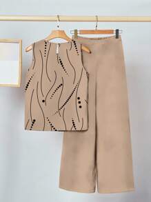 SHEIN Clasi 2 件套女士休闲波尔卡圆点印花无袖衬衫和阔腿裤套装，适合夏季 - 卡其色 - 查看 2