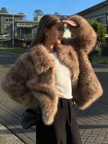 DAZY 女士动物纹长袖翻领宽松人造毛皮夹克女式外套 - 咖啡棕 - 查看 5