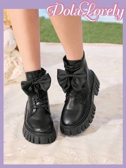 Dola Lovely 新款女式欧美风格靴子，前系带，侧拉链，蝴蝶结装饰，复古圆头，甜美酷炫，厚底，时尚踝靴
