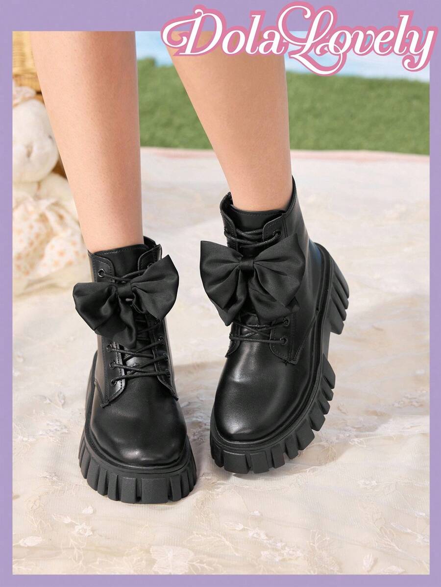 Dola Lovely 新款女式欧美风格靴子，前系带，侧拉链，蝴蝶结装饰，复古圆头，甜美酷炫，厚底，时尚踝靴 - 黑色 - 查看 1