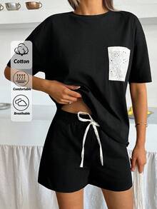 EURMUSE Quần Short Nữ Màu Trơn Thoải Mái Vừa Vặn Thường Ngày Tay Ngắn Thêu Phía Trước Túi Vá Và Eo Thun Dây Rút Ngắn Thường Ngày - màu đen - Xem 1