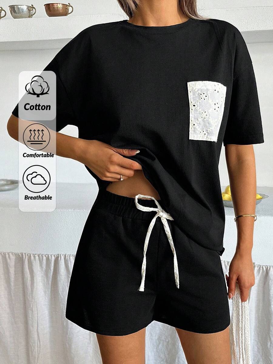 EURMUSE Quần Short Nữ Màu Trơn Thoải Mái Vừa Vặn Thường Ngày Tay Ngắn Thêu Phía Trước Túi Vá Và Eo Thun Dây Rút Ngắn Thường Ngày - màu đen - Xem 1