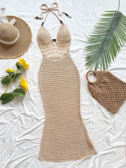 Soleia Vestido maxi de punto con espalda descubierta y cuello halter, vestido de verano informal para vacaciones