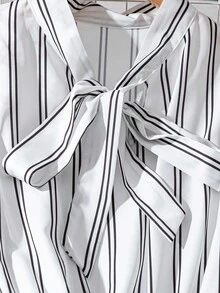 Franclia Elegant Striped Bowknot Collar Long Sleeve Waist Cinched Dress - White - View 7