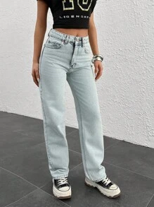 CasuGlow 女士直筒中腰牛仔裤 - 淺色水洗藍 - 查看 6