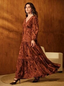 Anewsta 女式 V 领长袖拼接 A 字连衣裙，优雅刺绣棕色长款连衣裙，适合万圣节、圣诞节、新年假期 - 鏽棕色 - 查看 5