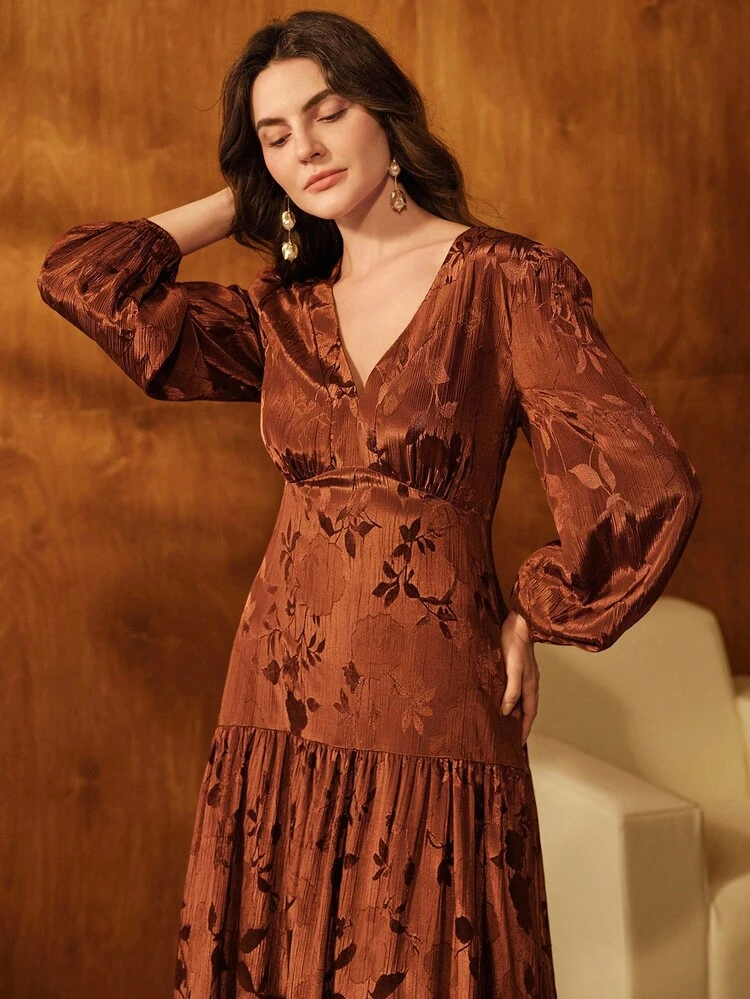 女性用Vネック長袖パッチワークAラインワンピース、エレガントな刺繍ブラウン ロングマキシドレス、ハロウィン、クリスマス、年末年始のお祝いに適しています