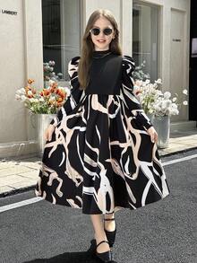 SHEIN Tween Girls 2 In 1 Gigot Sleeve Geometric Floral Patchwork Stand Collar Dress - Multicolor - View 1