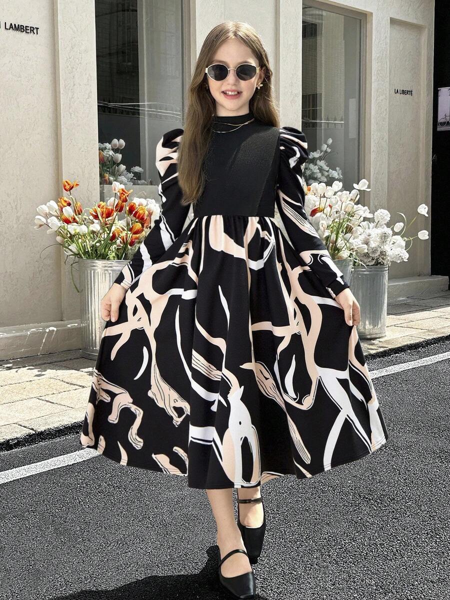 SHEIN Tween Girls 2 In 1 Gigot Sleeve Geometric Floral Patchwork Stand Collar Dress - Multicolor - View 1