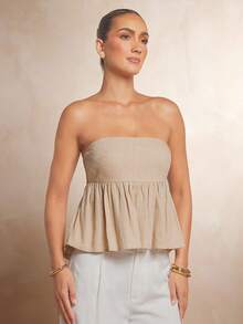 L'Amorae Women's Linen Strapless Top With Peplum - Apricot - View 5