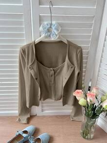 DAZY 2pcs Women Casual Loose Fit Camisole & Short Cardigan Set, Brown, Suitable For Spring, Summer, Autumn Long Sleeve Top