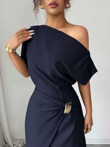 Elenzga 女式纯色不对称蝙蝠袖褶饰开衩下摆优雅连衣裙 - 藏蓝色 - 查看 3