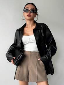 DAZY 女士休闲宽松领长袖口袋PU皮夹克，街头风，秋冬皮夹克 - 黑色 - 查看 6