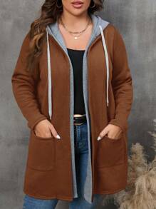 SHEIN LUNE 冬季女装两用口袋抽绳连帽大衣 - 棕色 - 查看 1