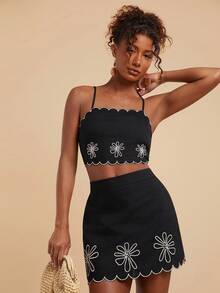 Travachic Conjunto de 2 piezas de top de camisola con dobladillo curvo y bordado floral, y minifalda - Negro - Ver 3