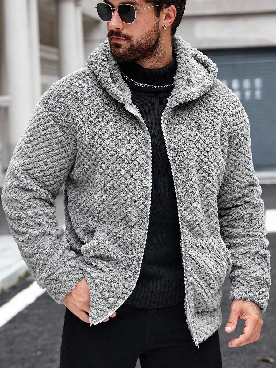 Manfinity CasualCool Men's Solid Color Long Sleeve Zip-Up Fleece Hooded Jacket, Autumn/Winter Men Sherpa Jacket Grey Zip Up Hoodie Men Men Fuzzy Jacket Teddy Bear Jacket Men - Dark Grey - View 1