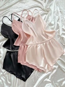 3件套 SilkySpell 彩色露背交叉肩带仿丝睡衣套装 - 彩色 - 查看 4