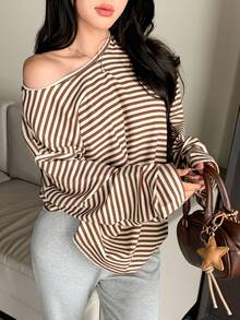 DAZY 女士宽松休闲条纹拼色长袖T恤，基本款长款上衣，适合秋季、春季和夏季 - 巧克力棕 - 查看 7