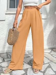 EURMUSE Women's Casual Solid Color Pleated Textured Loose Pants - Camel - View 4