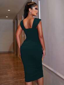 EURMUSE Women's Solid Color Sweetheart Neck Ruffle Sleeve Fitted Elegant Dress - Dark Green - View 2