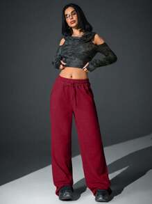 CasuGlow Femmes, Printemps, Automne, Hiver, Pantalons de survêtement, Bord brut, Poche, Cordon de serrage, Coupe ample, Jambe large, Broderie, Pantalons, Pantalons petite taille, Vêtements pour femmes petite taille, Automne, Pantalons noirs, Petite taille