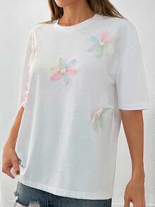 EURMUSE 花卉贴花短袖 T 恤 夏季季节性图案 T 恤 女式上衣