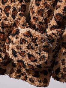 Chaqueta con capucha de piel sintética con estampado de leopardo y mini bolsillo para niña preadolescente, otoño/invierno - Caqui - Ver 7