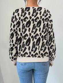 Elenzga 女式豹纹撞色蝴蝶结休闲灯笼袖V领开衫毛衣，秋冬女装