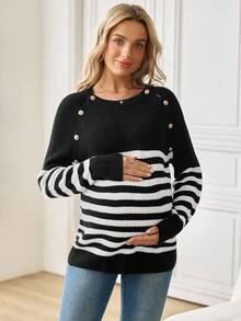 SHEIN 孕妇纽扣设计圆领长袖条纹休闲哺乳毛衣 - 黑與白 - 查看 3