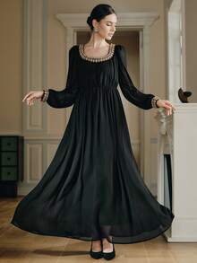 Anewsta Damen elegantes Kleid mit Strass-Verzierung, fließender Schnitt, Herbst