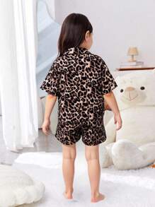 SHEIN 年轻女孩可爱豹纹针织弹力长袖睡衣套装