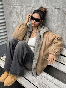 SHEIN ICON 女式毛绒衬里单排扣长袖休闲冬季夹克 - 棕色 - 查看 6