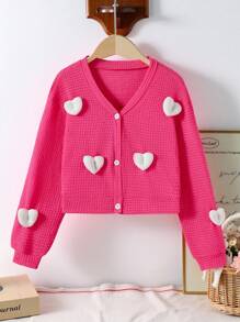 青少年女孩休闲花卉印花针织开衫夹克，秋季、假日、夏季、旅行 - 玫紅色 - 查看 3
