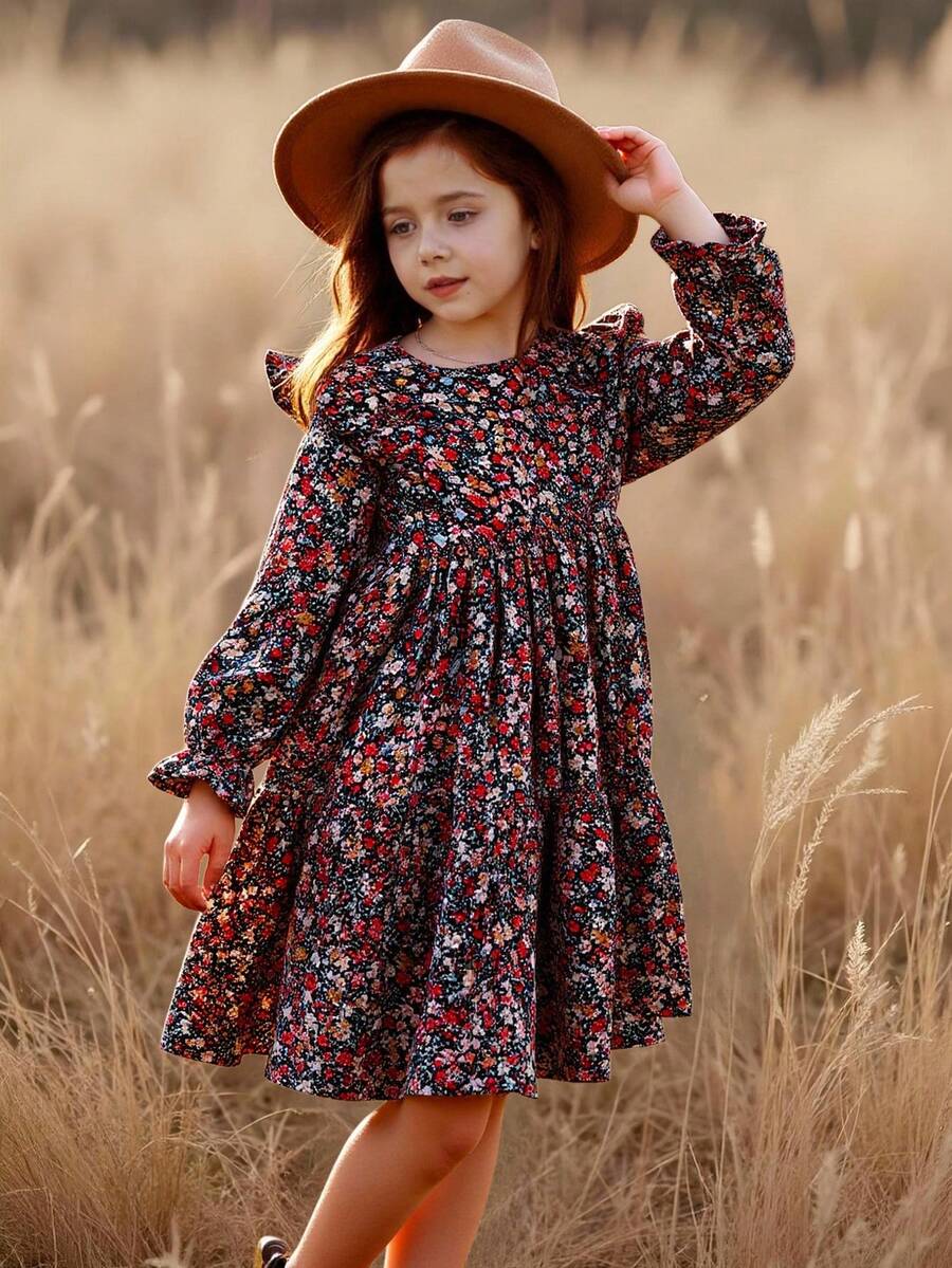 Emery Rose Kids Emery Rose Kids 年轻女孩碎花雪纺荷叶边泡泡袖休闲连衣裙 - 彩色 - 查看 1