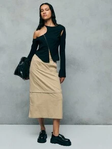 TypaGal Asymmetrical Shoulder Top Merges Gothic Women Clothes Inspiration With Cutting-Edge Y2k Energy Fall Clothes Women And Winter Tops - Coffee Brown - View 5